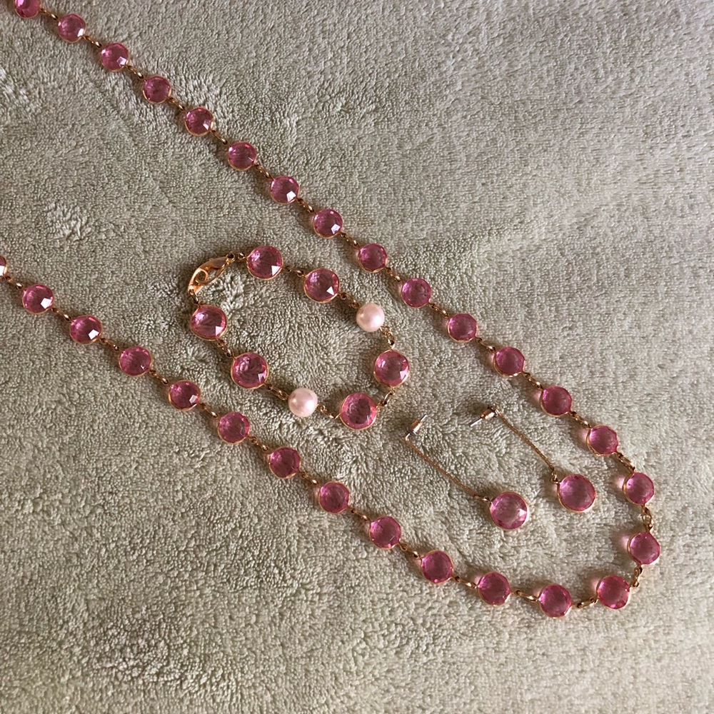 Bahamas necklace bracelet earrings set 3 piece pink plastic beads goldtone trim